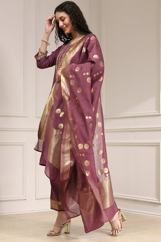 Wine Purple Kurta Pant Set with Printed Dupatta
