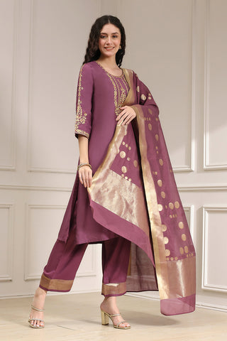 Wine Purple Kurta Pant Set with Printed Dupatta