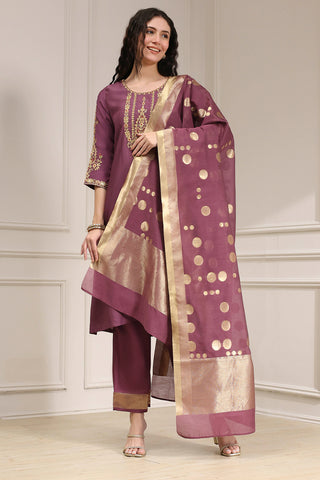 Wine Purple Kurta Pant Set with Printed Dupatta
