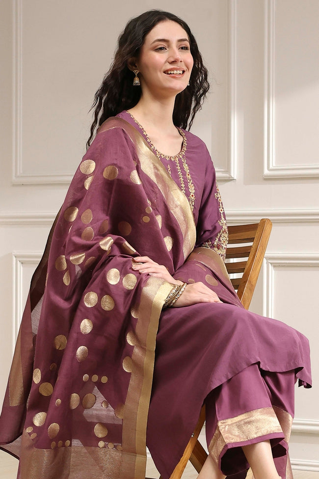 Wine Purple Kurta Pant Set with Printed Dupatta