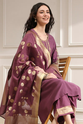 Wine Purple Kurta Pant Set with Printed Dupatta