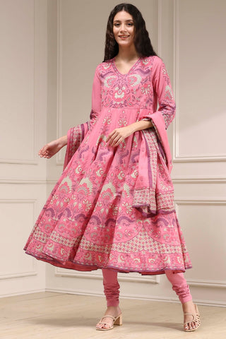 Pink Floral Printed Anarkali Suit Set