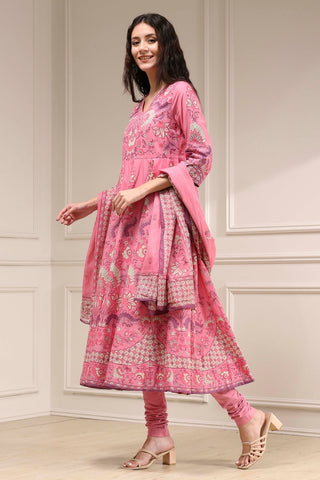 Pink Floral Printed Anarkali Suit Set