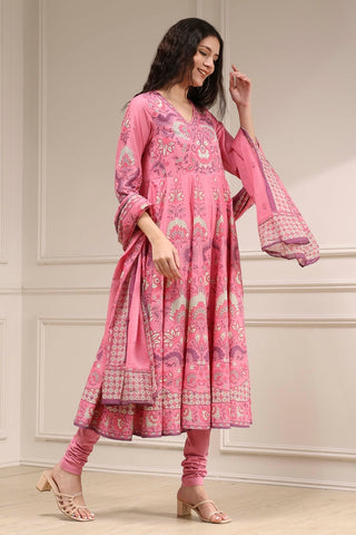 Pink Floral Printed Anarkali Suit Set
