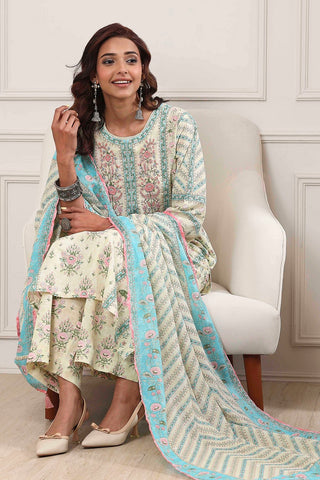 Aqua Floral Printed Kurta Pant Set