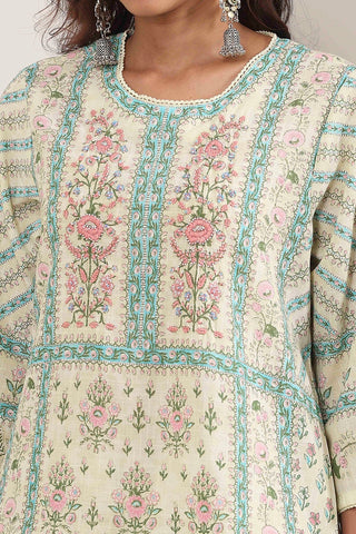 Aqua Floral Printed Kurta Pant Set
