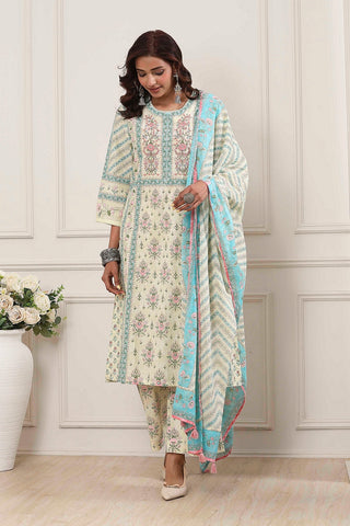 Aqua Floral Printed Kurta Pant Set