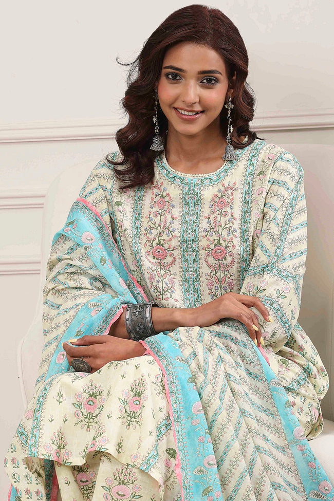 Aqua Floral Printed Kurta Pant Set