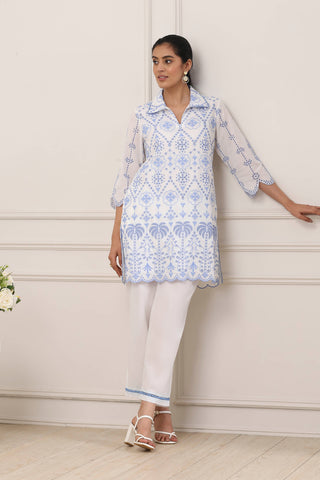 White & Blue Floral Embroidered Kurta Set