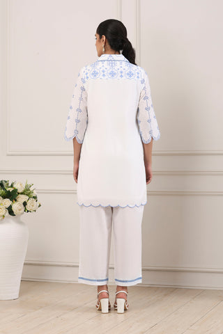 White & Blue Floral Embroidered Kurta Set