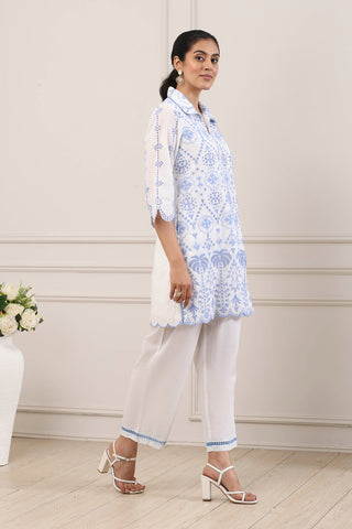 White & Blue Floral Embroidered Kurta Set