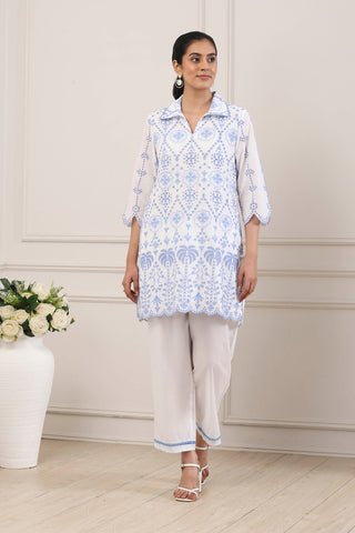 White & Blue Floral Embroidered Kurta Set