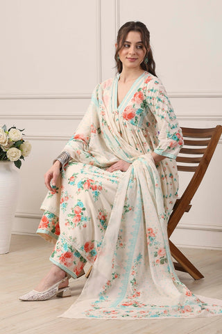 Ivory Floral Printed Anarkali Suit Set