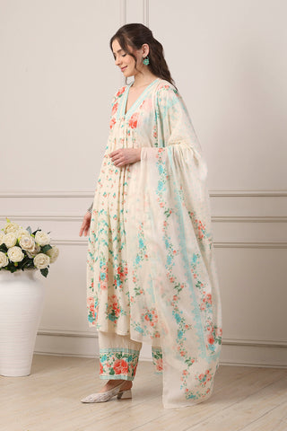 Ivory Floral Printed Anarkali Suit Set