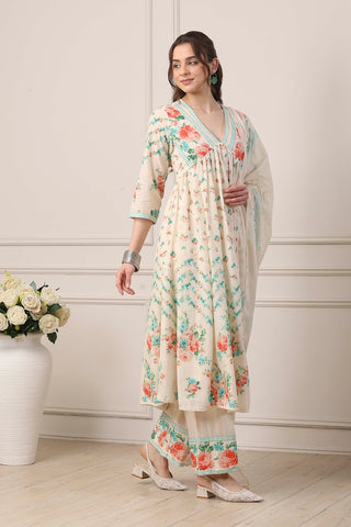Ivory Floral Printed Anarkali Suit Set