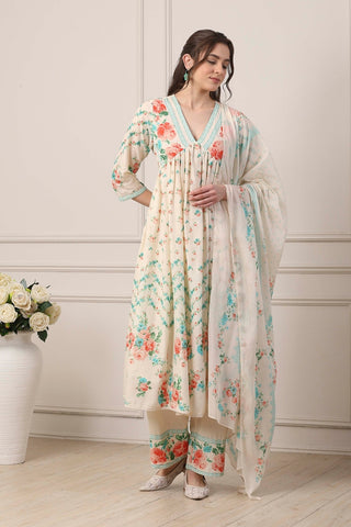 Ivory Floral Printed Anarkali Suit Set