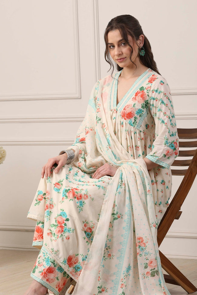 Ivory Floral Printed Anarkali Suit Set