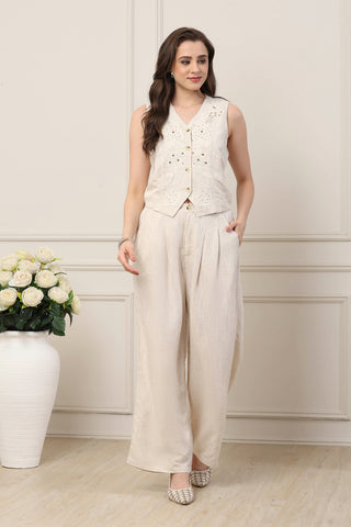 Ivory Embroidered Waistcoat & Wide-Leg Trousers Set