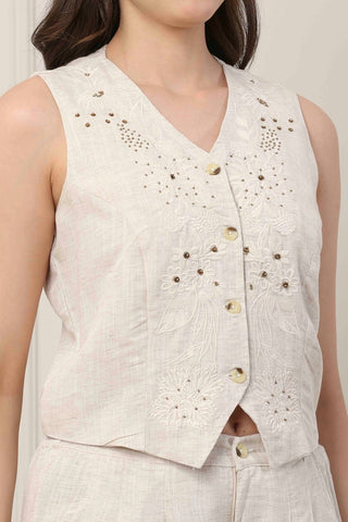 Ivory Embroidered Waistcoat & Wide-Leg Trousers Set