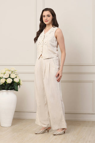 Ivory Embroidered Waistcoat & Wide-Leg Trousers Set