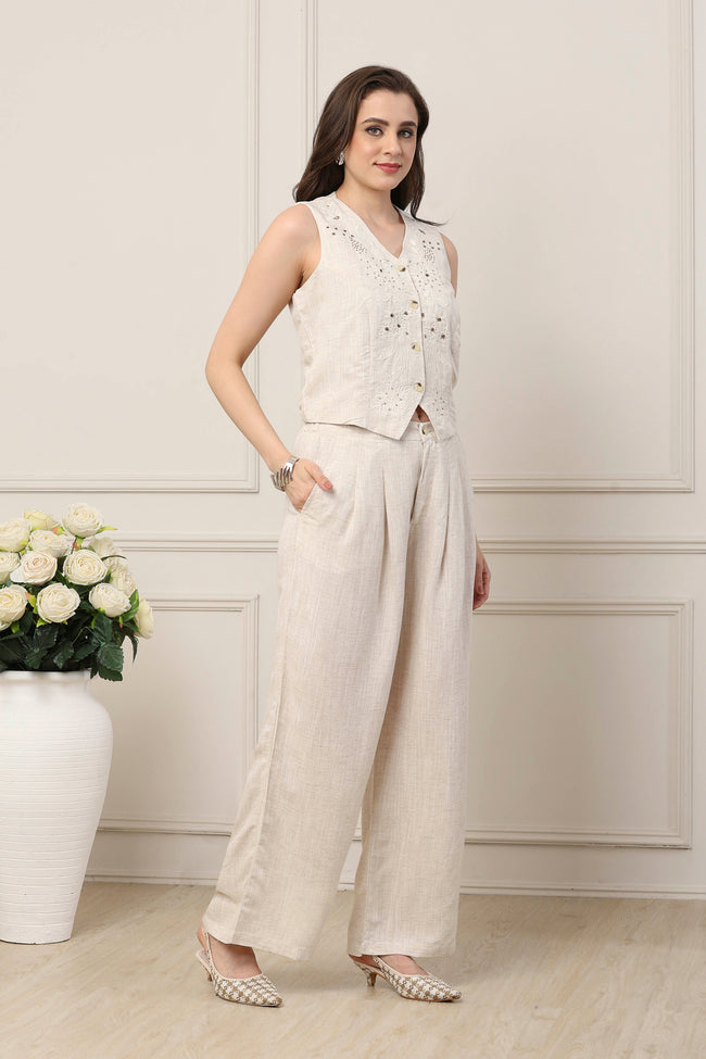 Ivory Embroidered Waistcoat & Wide-Leg Trousers Set