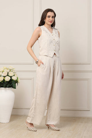 Ivory Embroidered Waistcoat & Wide-Leg Trousers Set